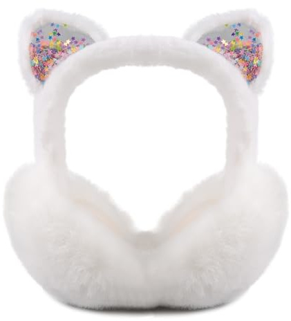 PESAAT Fluffy Ear Muff for Women Plush Foldable Earmuffs Kids Winter Earmuffs Girls Boys Cold Weather Ear Warmer (White Cat)