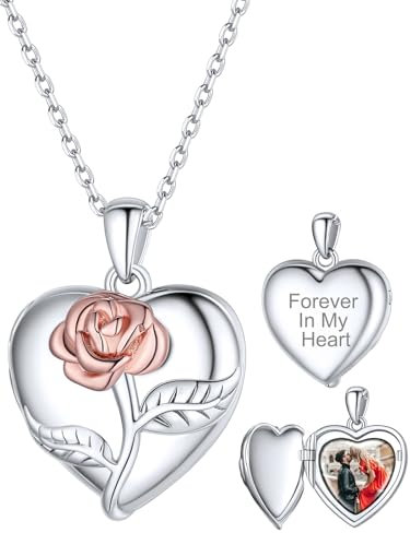 Supcare Rose Herz Medaillon zum Öffnen für Bilder Damen S925 Locket Blumen Necklace Kette Foto Text Halskette mit Anhänger Amulett Souvenir Personalisiert Modeschmuck für Liebe Jahrestag