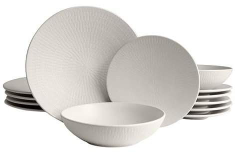 ECHTWERK Vajilla vintage de 18 piezas, diseño Blanka nature, para 6 personas, Elegante vajilla con estructura de gres con 6 x platos llanos, 6 x platos hondos, crema