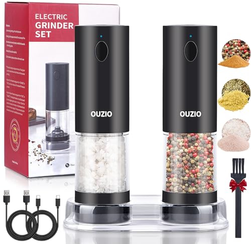 Juego de 2 molinillos eléctricos de sal y pimienta, recargable por USB, molinillo automático de sal y pimienta con grosor ajustable, salero eléctrico, luz LED, operación con una sola mano