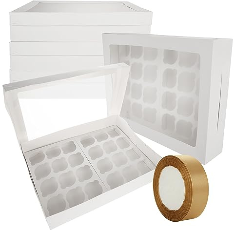 JMIATRY 10 Pcs Cupcake Boxes 24 Hole, Cupcake Boxes with Window, Inserts and Ribbons, White 24 Cupcake Box for Cupcakes and Muffins, 43x31x9cm
