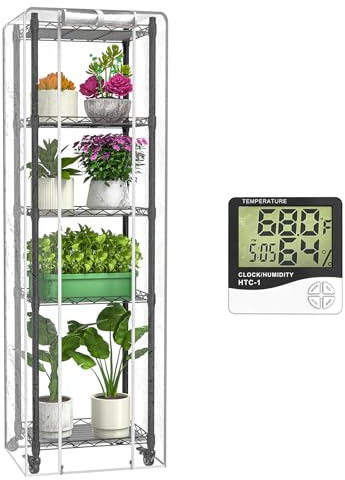 sagrynfp Mini-Gewächshaus mit 5 Etagen für drinnen und draußen, 39,9 cm L × 29,3 cm B × 162,7 cm H, tragbares Gewächshaus mit transparenter PVC-Abdeckung und Metallregal für den Anbau von Gemüse,