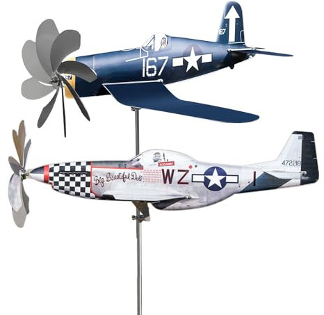 Qikam Metall Windrad Flugzeug - Windspiel Windmühle für den Garten - Wetterfest und Standfest - Flugzeug Gartendeko mit Bestem Kugellager - Weiß, Blau