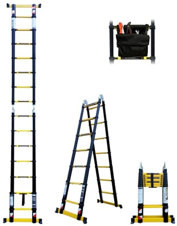 Escabeau-échelle télescopique Woerther Double Fonctions 4m40-2m20 avec Sac Porte Outils - modèle Grafitek, en Graphite et Aluminium 7175t6 - avec Doubles Barres stabilisatrices - Garantie 5 Ans