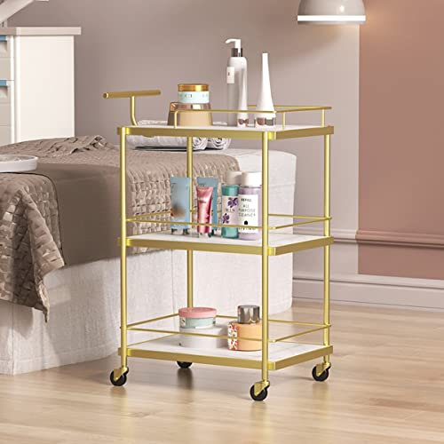 NSTVVEE Servierwagen mit 3 Ebenen/Barwagen/Getränkewagen/Kosmetikwagen, Rollwagen aus Metall für Zuhause mit integriertem Griff, Aufbewahrungswagen für die Küche (Gold)