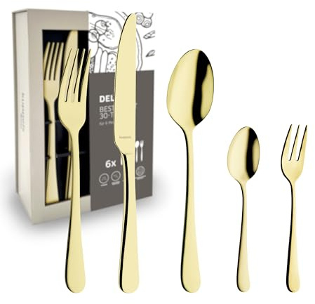 Kuppels Delia Besteck Set 30-tlg, PVD Champagner, Edelstahl 18/0 poliert | Stilvolles 30-teiliges Besteckset für 6 Personen, hochglanzpoliert und modern in Champagner-Farbe