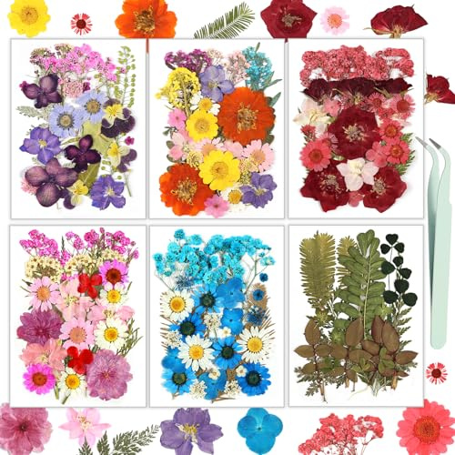 Getrocknete Blumen, Resiners 174 Stück Gepresste Blumen für Harz, Seife, Kerzen, Scrapbooking & Karten – Echte Natürliche Getrocknete Blumen & Blätter Set für DIY Papierbasteln & Schmuckdekoration