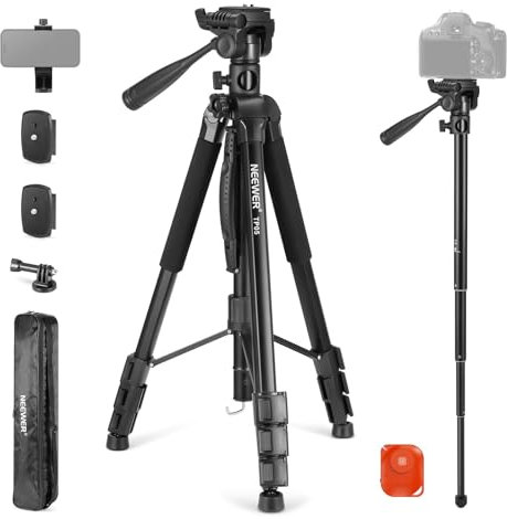 NEEWER Basic 74 Video Tripod Monopod w/ 3 Way Pan Tilt Head & Remote, Overhead Mount w/Horizontal Central Axis, Holder for DSLR, Telescope, Projector, Max Load 17.6lb, TP05