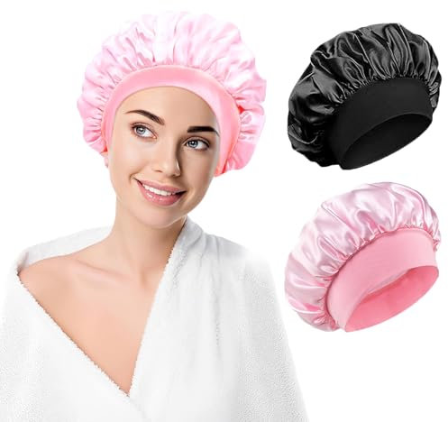 Luoqun88 Hair Bonnet for Sleeping, Wide Elastic Band Satin Bonnet Shower Cap for Women Makeup Hair Care Elastic Hat Soft Sleep Cap Satin Head Cover for Night Sleep Curly Hair Protection(Black+Pink)
