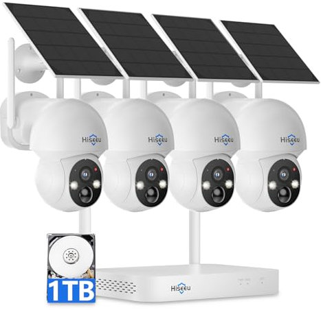 Hiseeu Solar Camera Wireless Outdoor, Home Security Camera System, 2.4G & 5G WiFi, Solar-Powered 4MP 4 Cam-Kit, Color Night Vision, 360° View, Pan & Tilt, 1TB HDD Local Recording, No Subscription
