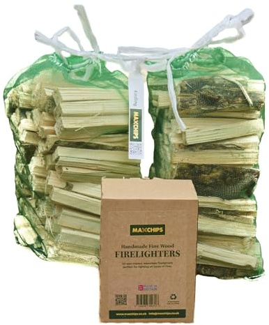 2 Nets of Maxchips Kiln Dried Kindling and 1 Box of Maxchips Firelighters.