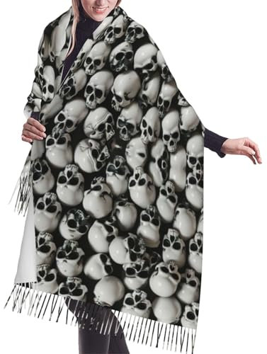 Loppott Kaschmirschal, Fransenschal, schwarzer Totenkopfdruck, langer Schal, Bekleidungszubehör, Schwarz, Einheitsgröße, Schwarz, EinheitsgröÃŸe