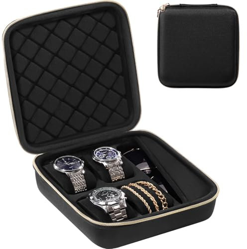 ProCase Uhrengehäuse Reise-Uhrenetui mit 4 Fächern, Tragbare Uhrenbox Aufbewahrungsbox für Uhren, Watch Travel Case Organizer für Damen Herren -Schwarz
