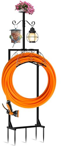 Frstem Garden Hose Holder Upgraded 5 Spikes Water Hose Holder with 2 Shepherds Hooks & 1 Flower Pot Stand Detachable Hose Hanger Sturdy Freestanding Hose Hanger Stand for Outside, Yard, Lawn, Farm