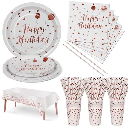 Nkaiso 121 Pcs Rose Gold Happy Birthday Plates and Napkins for 24 Guests
