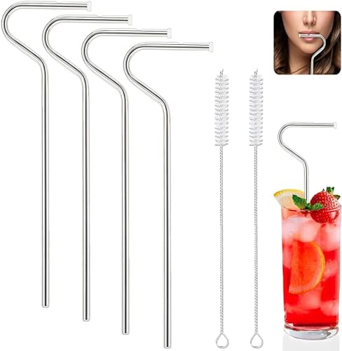 (4 Stück + 2 Bürsten) (Silber) Anti-Falten-Strohhalme, 4 Stück, wiederverwendbare Edelstahl-Strohhalme, Flöten-Stil, Kreuzlippenverlobung, Falten