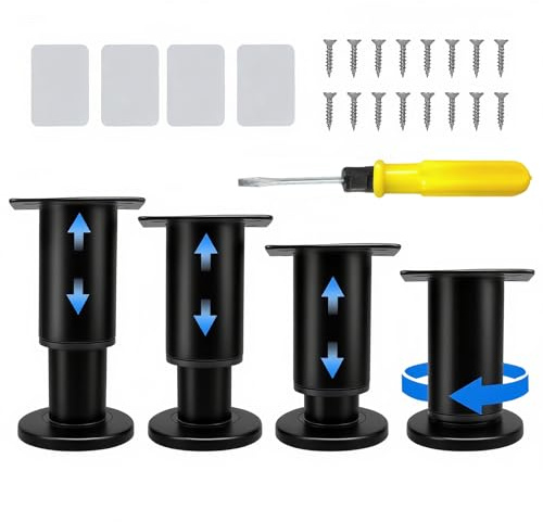 HERKINDNESS 4 Piezas Patas Regulables para Muebles, Rango de Ajuste de Altura 8cm-12cm, Metal Patas Muebles, Negro Pie de Cama, con 16 Tornillos y 4 Adhesivos, para Camas, Sofás, Armarios