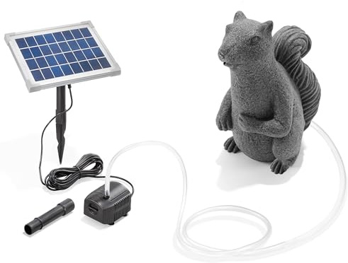 Esotec Solar Wasserspeier Set Eichhörnchen Puschel 5Wp Solarpumpe IP68 1016 | 5Wp Solarmodul, 250l/h, IP68 Pumpe, 1m Förderhöhe, Trockenlaufschutz, 5m Kabel, Polyresin, Wandhalterung, 1,5m Schlauch, 8VDC