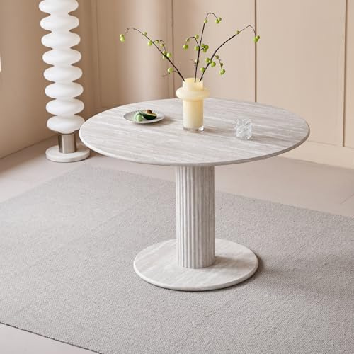 JZGORC Runder Esstisch mit zylindrischen Tischbeinen, Marmoroptik, Moderner Minimalistischer Esstisch für Wohnzimmer oder Küche, 115 x 115 x 75 cm – Grauer Travertin