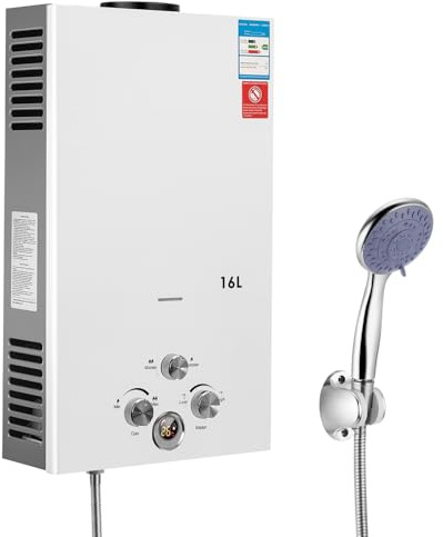 Oyajia Gas LPG Tankless Hot Water Heater 16Liter, Portable Instant Propane Gas Water Heater w/Shower Kit, for Camping/Travel/Houseboat/Home, 16kw