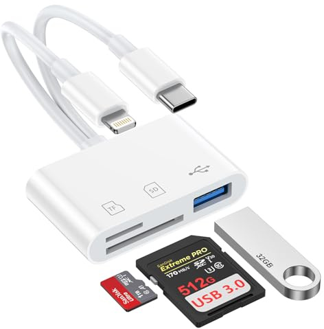 3 in 2 SD Card Reader for iPhone, Lightning USB C SD Card Reader Adapter | Camera Memory Card Reader mit SD/Micro SD/USB OTG Adapter, for iPhone 17/16/15/14/13/12/11, i Pad, Samsung, Laptop, MacBook