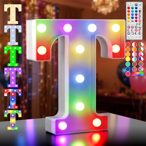 LED Buchstaben Lichter Alphabet,35 Farben Led Leuchtbuchstabe mit Fernbedienung, LED Brief Beleuchtung Buchstaben Nacht Lichter Dekoration für Geburtstagsfeier, Hochzeit, Kinderzimmer, Buchstaben T