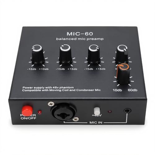 ASHATA Kondensator, Dynamischer Mikrofon-Vorverstärker, 48 V Netzteil, XLR 3,5 Mm, 6,35 Mm Eingänge, Ausgänge, Schwarzes Metallgehäuse für SM7B 55SH, Aluminiumlegierung, Schwarz (Mit XLR-Kabel)