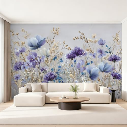 Generisch Vlies Fototapete Wildblumen 200x140 cm, Tapete Lila Tapeten Vliestapete Wohnzimmer Lila Floral Schlafzimmer Wandtapete Ornamente Mustertapete W&73