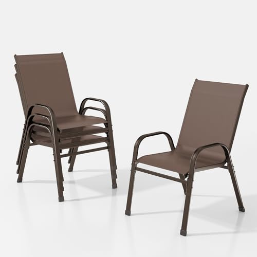 XIELOUS gartenstühle stapelbar 4er Set, balkonstühle gartenstuhl hochlehner, terrassenstühle mit Armlehnen und Metallgestell Wetterfest für Outdoor Garten Terrasse Balkon Restaurants (Braun)