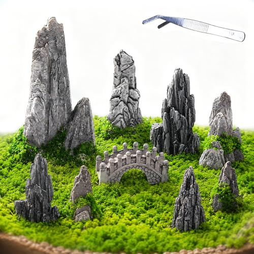 FuYelng 7 stycken konstgjorda trädgårdsfigurer med konstgjord skum och pincett, miniatyr stenträdgårdsdekoration harts stenträdgårdsdekoration för landskap miniatyr bonsai gör-det-själv