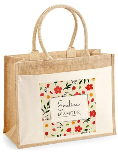 Planetee Sac cabas femme jute grand format Emeline d'amour motif fleurs sac prénom cadeau anniversaire Noël tote bag