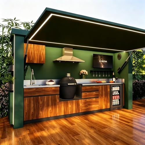 Prefab Modular Outdoor Kitchen with Roof and Grill, Covered Outdoor Kitchen Pavilion with Sink Refrigerator Storage Cabinet, Backyard Patio BBQ Cooking Station for Outdoor Entertaining