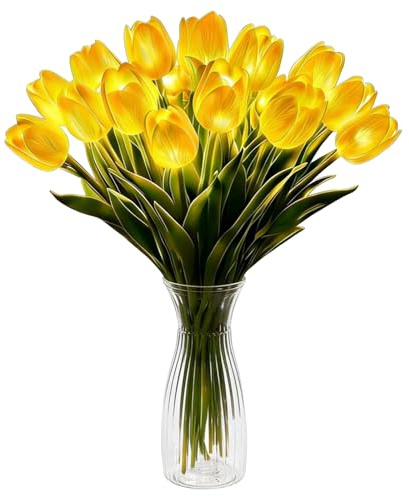 Demiawaking 15 Stück Tulpen LED, Künstliche Blumen Lampe Blumenstrauß Schlafzimmer Deko Nachtlicht Nachtlampe Weihnachten Geburtstagsgeschenke Damen Mutter Geschenk (Gelb mit Vase)