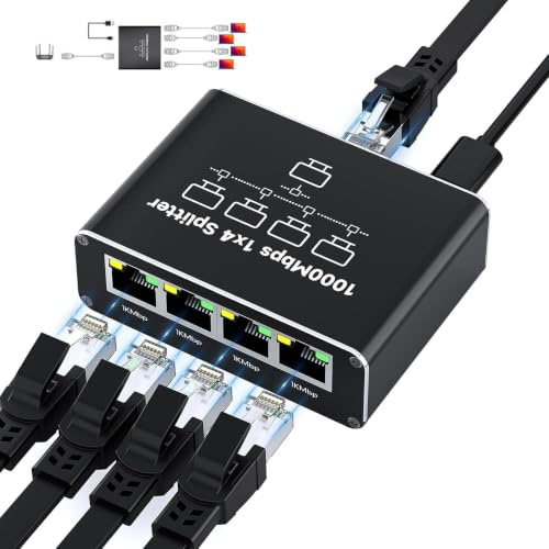 Ouitble Conmutador LAN de 1 a 4, Divisor Ethernet de Red de 1000 Mbps, Divisor LAN de 4 Puertos, Conmutador Gigabit de Aluminio RJ45 con Cable de Red Tipo C para Concentrador de C