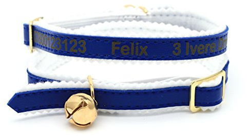 Personalisiertes Katzenhalsband mit Glöckchen (Blau) ~ mit Wunschgravur | Laser-gravierte Katzenmarke, Individuell gestaltet mit Wunschtext oder Name ~ aus weichem gepolstertem PU-Leder