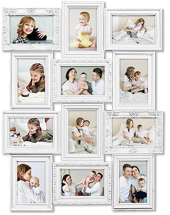 HELLO LAURA - Photo Collage Frames for Wall White Curved Classic European Style 12 Opening 27 x 20.5 Wall Hanging Picture Frame Collage 4 x 6 Photo Sockets x 12 | Gallery Style