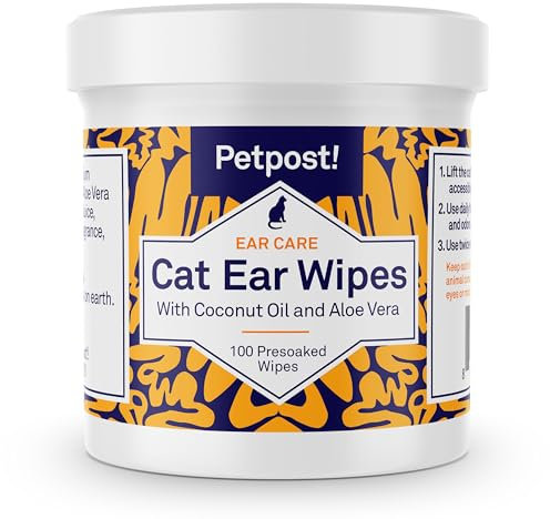 Petpost | Ohrenreiniger für Katzen - 100 Ultra-Weiche Wattetücher getränkt in Kokosnussöl - Pflege bei Ohrmilben & Ohrinfektionen