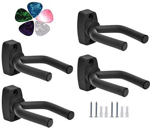 Guitar Mount Wall Hanger Stand Ukulele Wall Hook Keep Holder Mount Display 4 Pack with Guitar Picks Violin Wall Stand Mandolin Rack Bracket Bass Accessories Easy to Install(5 Pack Guitar Picks)