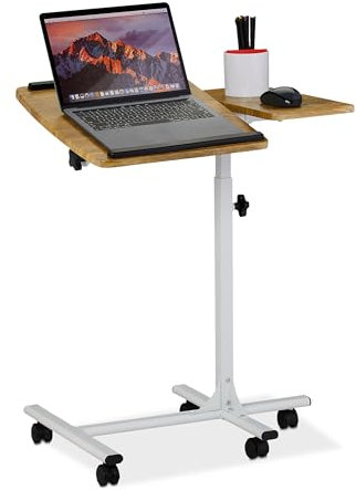 Relaxdays Laptoptisch höhenverstellbar, rollbar, neigbare Tischplatte, Mausablage, HBT: 68 - 88 x 61 x 40 cm, braun-weiß