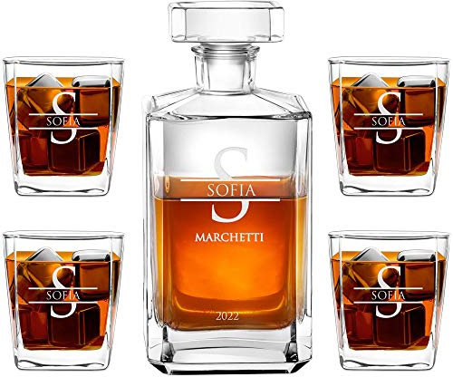 Maverton Decanter per Whisky in vetro - incisione personalizzata - Caraffa in vetro da 700 ml + 4/6 Set bicchieri whisky - idea regalo per la donna - nome