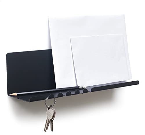 byde Helke - Mensola da Parete, 30 x 9 x 9 cm, 5 Ganci e Porta Cavi, In Lamiera di Acciaio Verniciato a Polvere, Organizer per Chiavi e Lettere per Ingresso, Corridoio, Cucina, Ufficio, Colore Nero