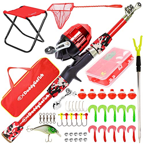 DaddyGoFish Kids Fishing Pole - Rod Reel Combo Tackle Box Starter Set - First Year Small Dock Gear Kit for Boys Girls Toddler Youth Age Beginner Little Children Junior Anglers (Red, 5ft)