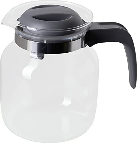 wenco Jarra de cristal de 1,25 l, ideal para té, café y bebidas frías, resistente al calor, con tapa y boquilla de apertura, apta para lavavajillas e irrompible, transparente/gris