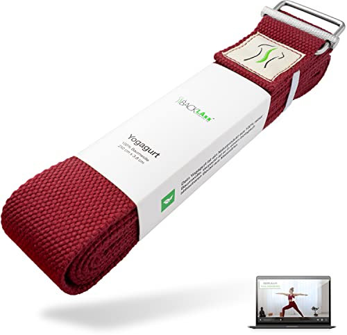 BACKLAXX ® Yoga Gurt Baumwolle (rot) – Nachhaltiges Yogazubehör Set, Yogagurt 250 cm lang mit praktischem Verschluss aus Metall – Ideal für Yoga, Pilates und Dehnen inkl. Anwendungsvideo