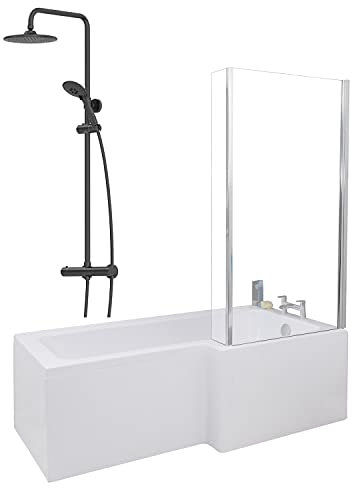 1700 x 855mm Right Hand L Shaped Shower Bath Bathroom Bathtub Glass Shower Screen Front End Panel & Thermostatic Mixer Shower Set Handheld Black Round Rainfall Head