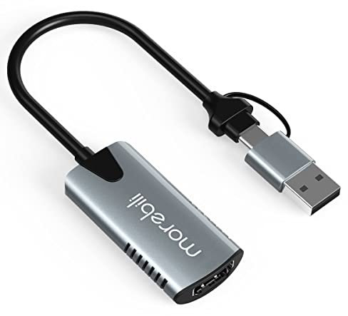 Morebili Video Capture Cards, 4K HDMI to USB A/C Video Capture Device, 1080P HD 60fps Broadcast Live and Record Video Audio Grabber for Gaming, Streaming, Teaching, Video Conference (Silver Grey)