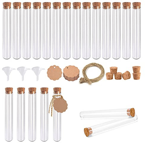 Csirnto 20 Stück Reagenzglas 18 x 105 mm - 15 ml - Reagenzgläser Kunststoff Reagenzglas mit Korken Juteschnur und Anhänger, für Gastgeschenke Hochzeit Gewürzgläser
