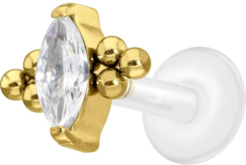 PIERCINGLINE PTFE Labret mit Gewinde Titan Aufsatz KRISTALLTROPFEN + 6 KUGELN Piercing Lippe Nase Ohr Helix Tragus Medusa Goldfarben 1,2 x 6 mm
