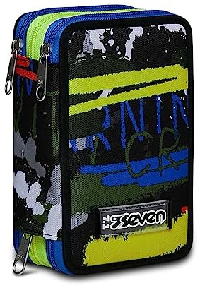 Seven Astuccio Scuola Elementare, 3 scomparti, Medie, con Matite, Pennarelli, Penne, 3 Zip, Fluo Belt, Bambino e Ragazzo, verde