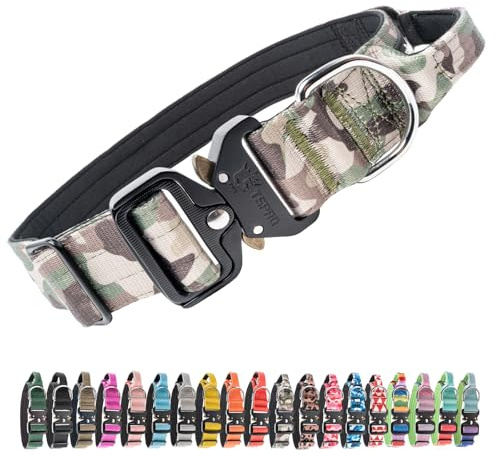 TSPRO Taktisches Hundehalsband mit Metall-Schnellverschluss & Griff | Verstellbar & Schwer, 3,8 cm Breit mit Weicher Polsterung für Mittlere & Große Hunde, Training, Spaziergänge, Militärgrün L